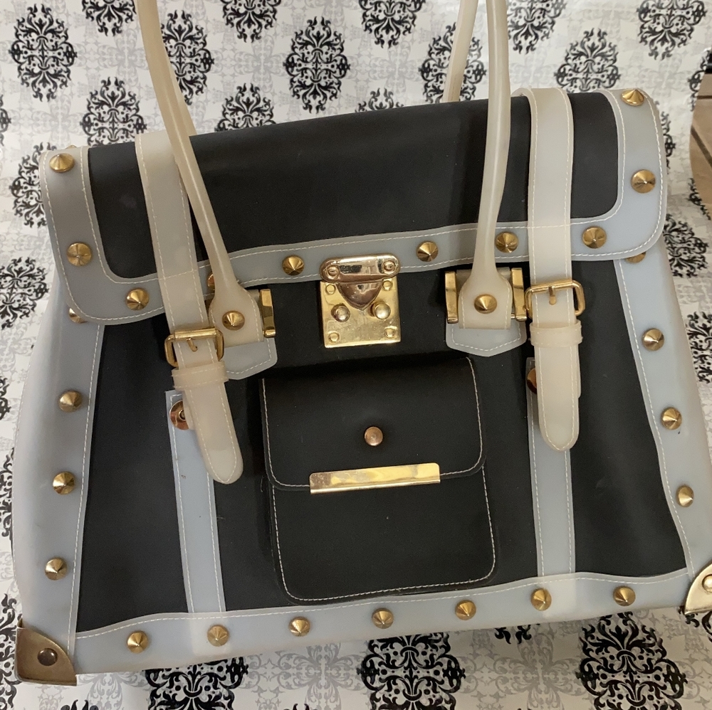 Structured Deep Gray and White Gold Stud Purse